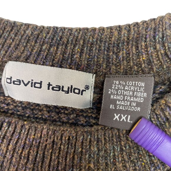 David Taylor Mens XXL Brown Pullover Sweater Knitted Checkerboard Crew Neck 90s - Picture 3 of 16